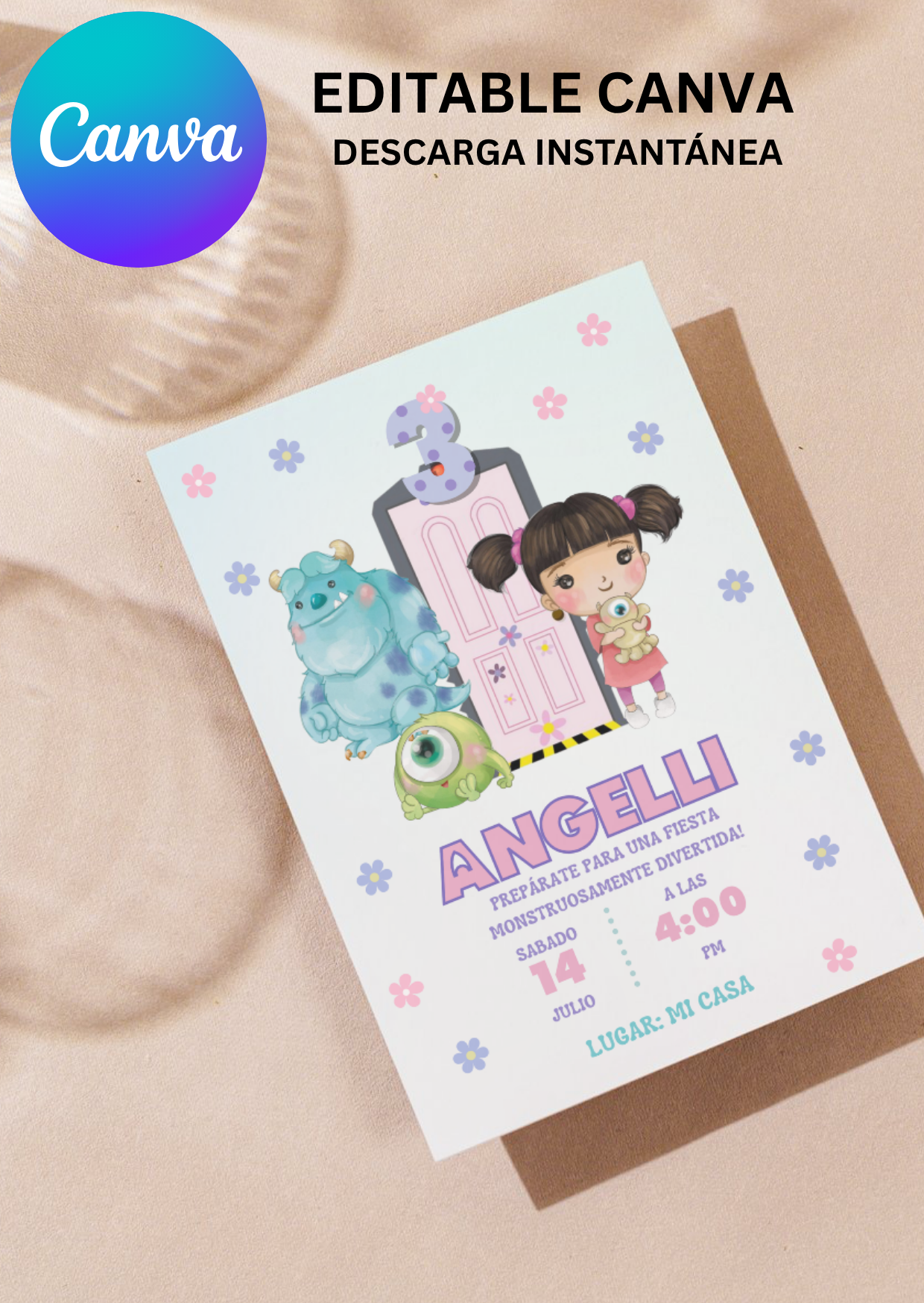 Invitación Editable Monsters Inc para Niña | Plantilla Pastel Boo