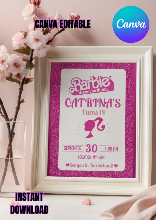 Editable Barbie Birthday Invitation Template | Pink Barbie Party Invite