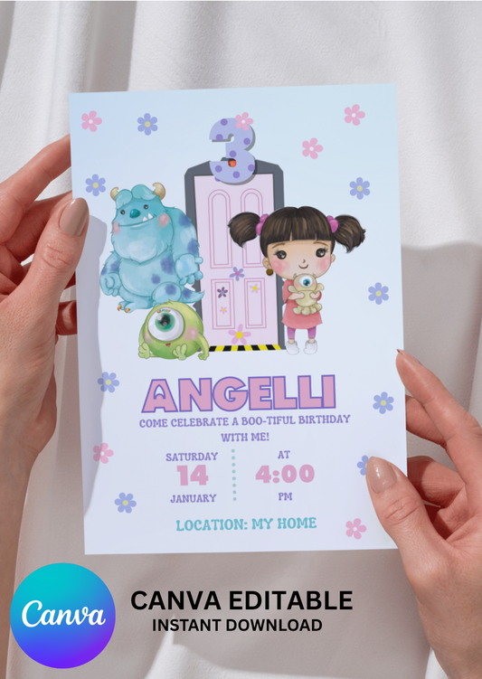 Editable Monsters Inc Birthday Invitation Template | Cute Pastel Boo Party Invite