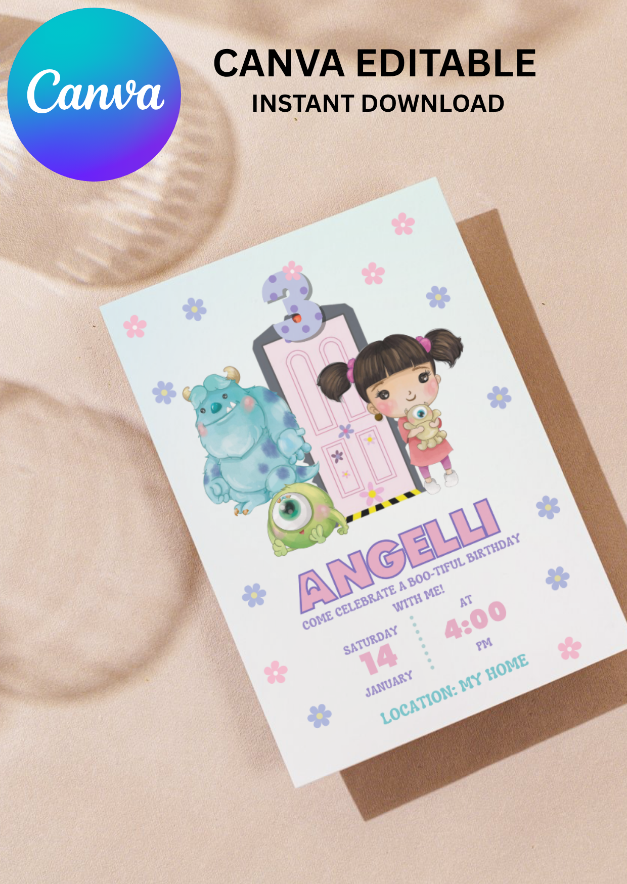 Editable Monsters Inc Birthday Invitation Template | Cute Pastel Boo Party Invite