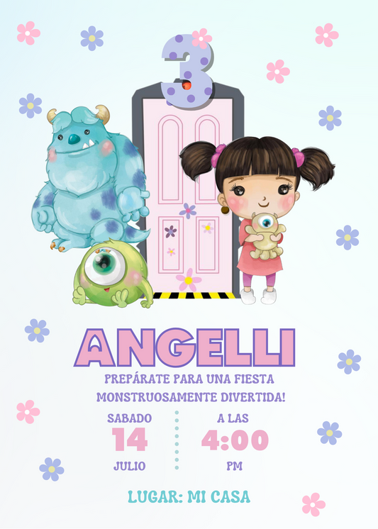 Invitación Editable Monsters Inc para Niña | Plantilla Pastel Boo