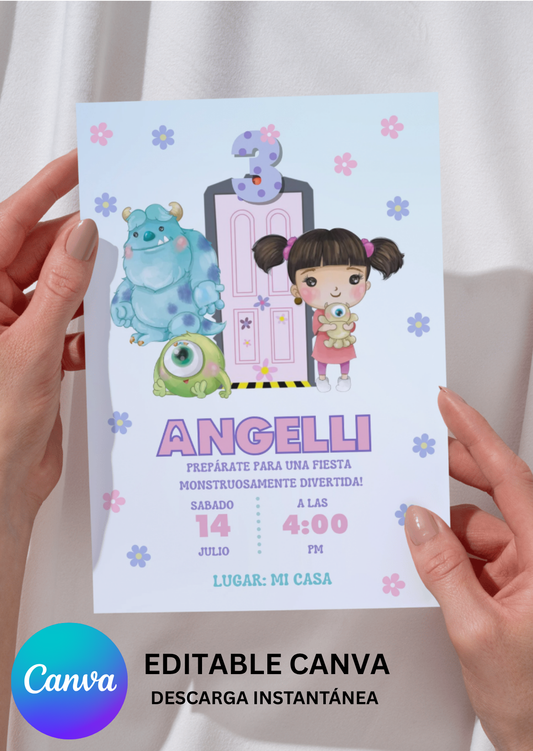 Invitación Editable Monsters Inc para Niña | Plantilla Pastel Boo