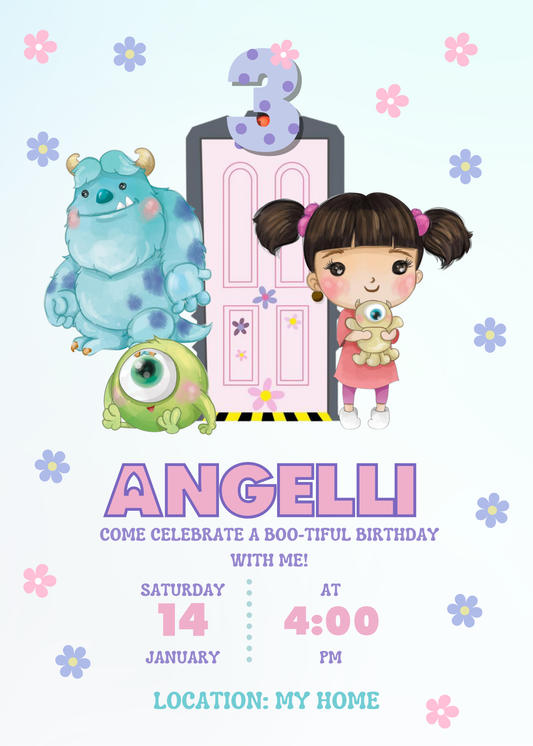Editable Monsters Inc Birthday Invitation Template | Cute Pastel Boo Party Invite