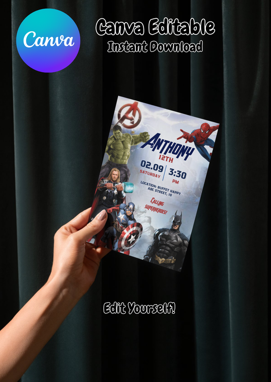 Superhero Birthday Invitation Template | Editable Canva Invite | Instant Download