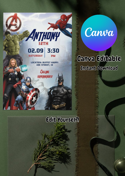 Superhero Birthday Invitation Template | Editable Canva Invite | Instant Download