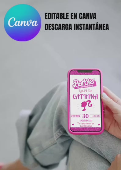 Invitación Editable Barbie para Niña | Plantilla Rosa Glam